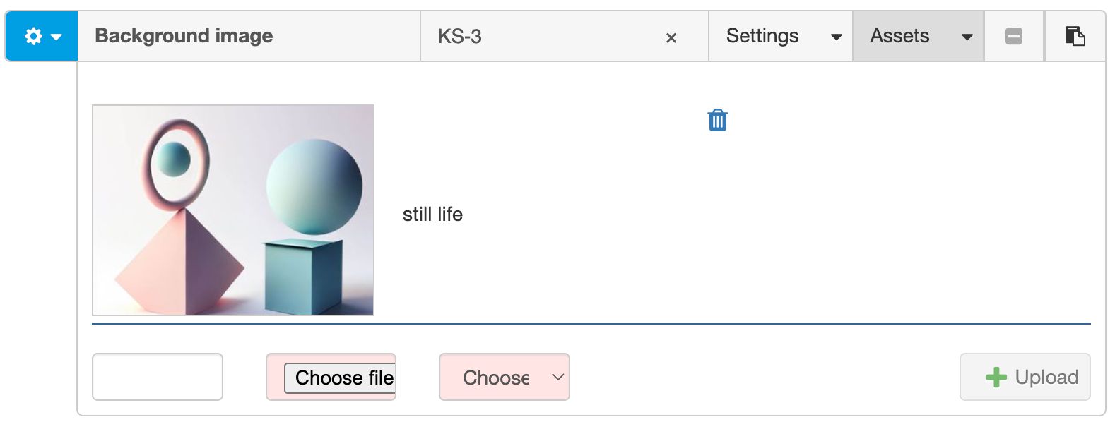Uploading an image in the Assets tab Uploading an image in the Assets tab